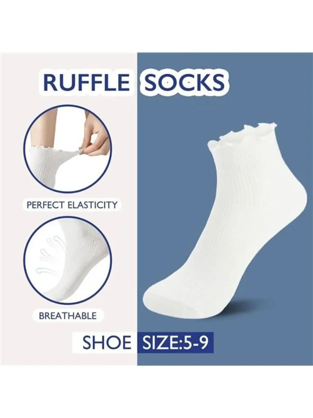 6 Pairs Womens Ruffle Ankle Socks Cotton Cute Frilly Turn Cuff Soft Breathable S